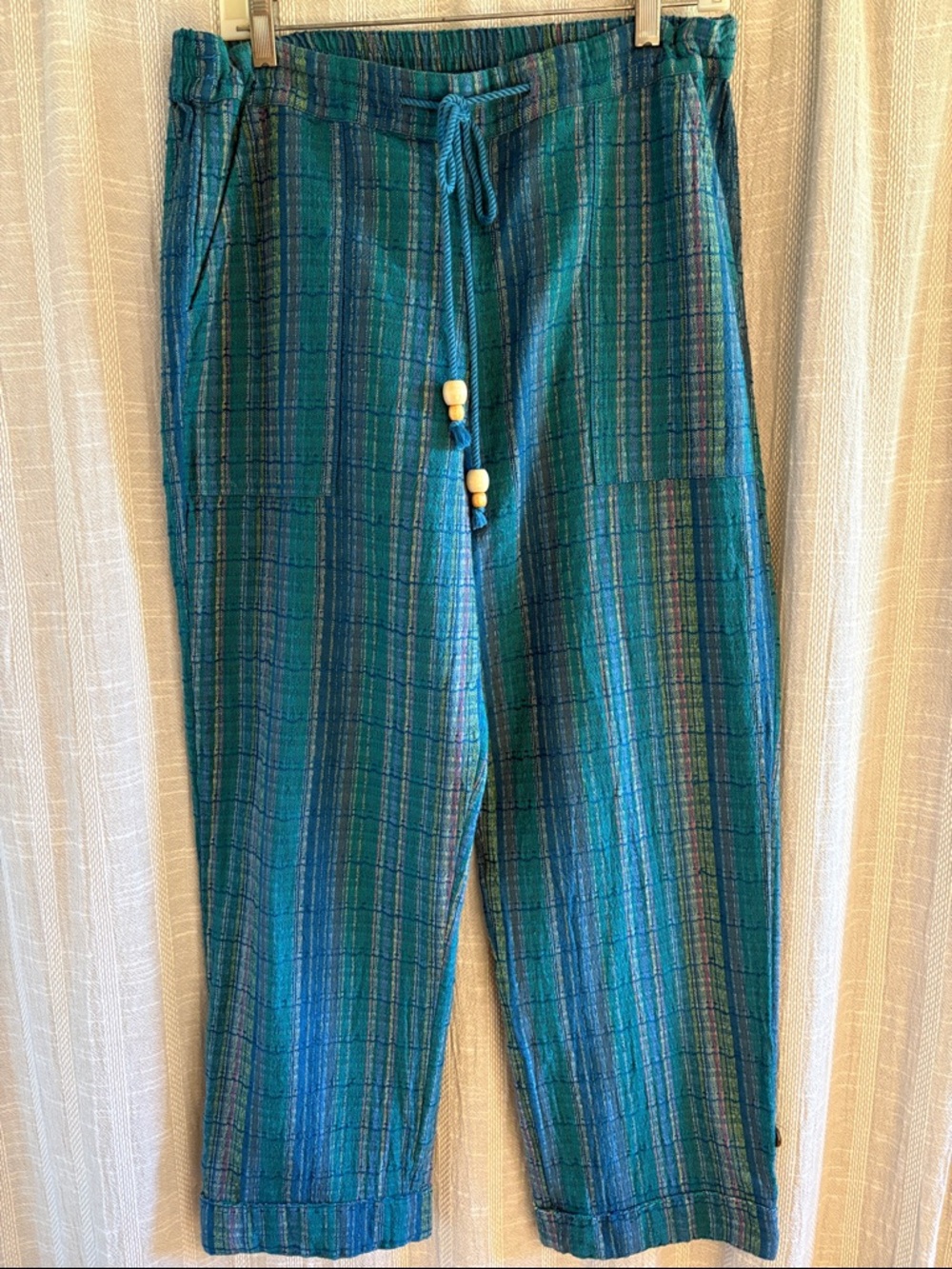 Sundance Women’s Lilou Yarn-Dyed Boho Drawstring Pants in Teal Plaid Size Medium